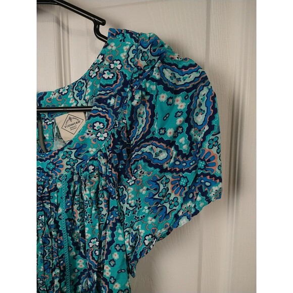 St Johns Bay Woman Pm Blouse Aqua Paisley Pleated Pullover Cap S/S - Picture 2 of 8